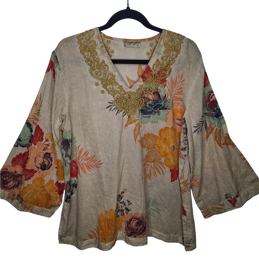 Vintage Goa Embroidered Top Tunic Boho Large Floral Stars 3/4 Bell Sleeve Hippie